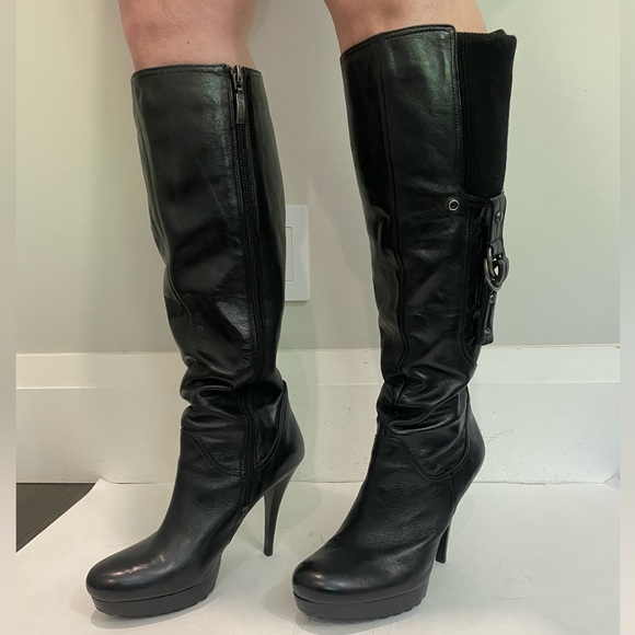 Guess Hearne Black Leather Knee-High Stiletto Boots Size 7.5 calf panel - Picture 4 of 16